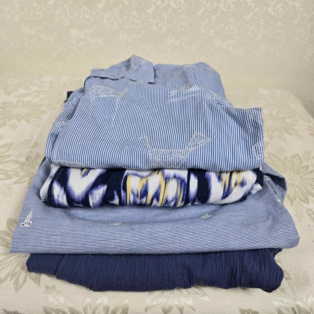 4 Pc Blue & White Coastal Tops Jackets Bundle L Lot Cottage Cotton Linen Travel